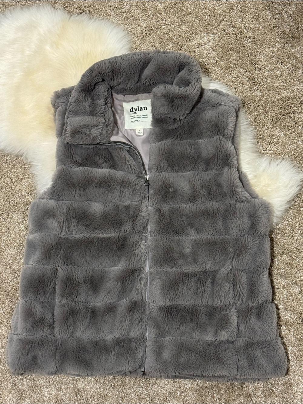 dylan Plush Faux Fur Zip Vest in Gray